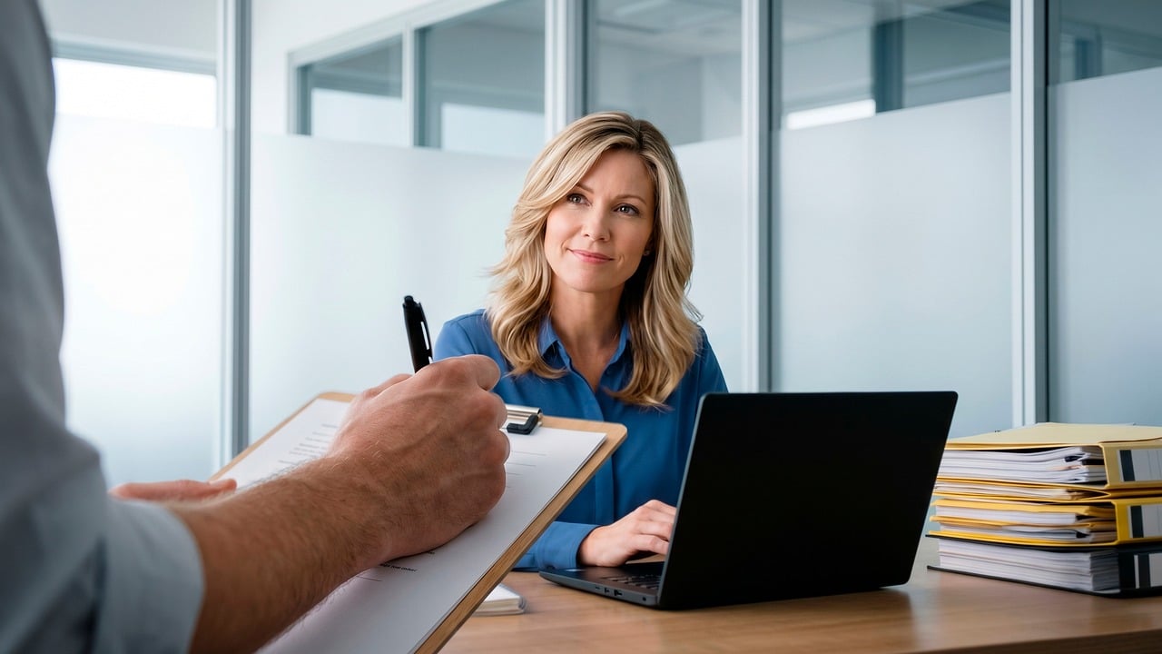 office, meeting, woman, laptop, man, writing, attention, clipboard, business, desk, document, office space, conversation, professional, teamwork, administrative, meeting management, collaboration, deposit, ai generated
